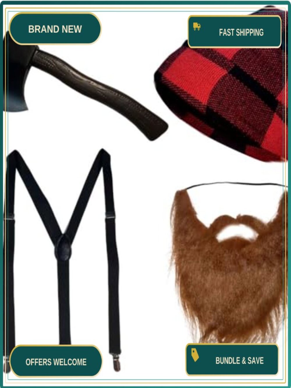 4 Piece Lumberjack Costume Set Halloween Cosplay Hat Beard Suspenders Axe